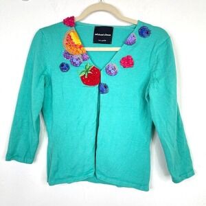 Michael Simon Womens XS/S Cardigan Sweater Fruit Embroidered‎ Artsy Beaded Green